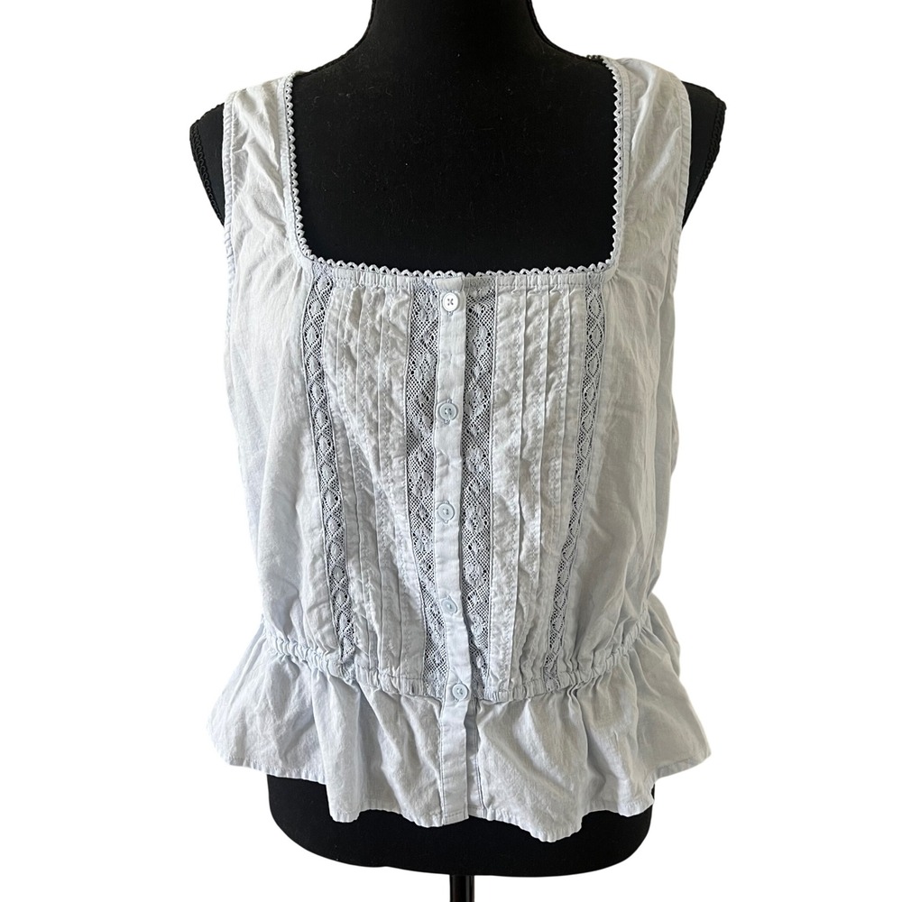 Old Navy Womens Peplum Top L Blue Excellent Lace Pintuck Cottagecore Coquette